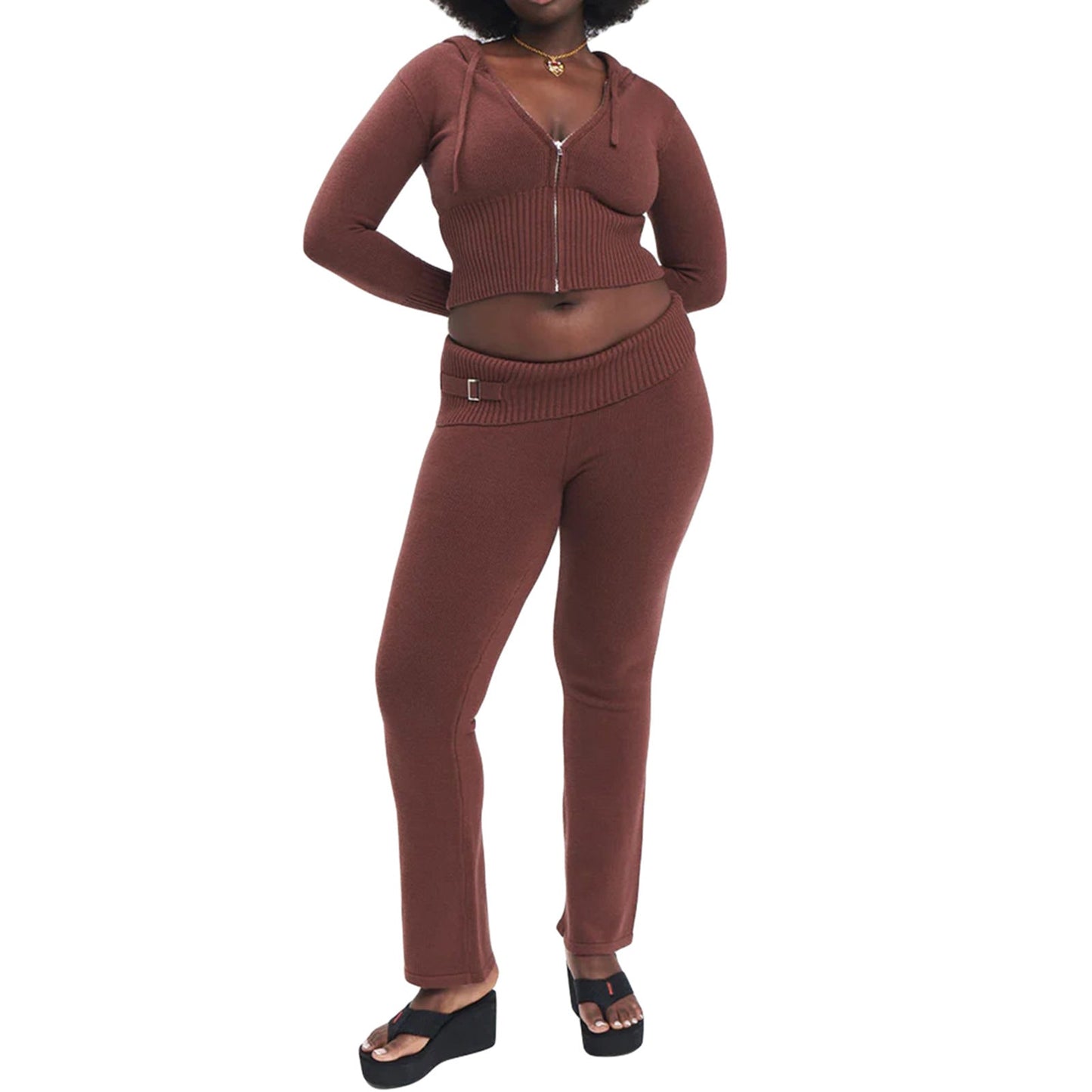 Woman wearing Long Sleeve Sweater And High Waist Long Pants Set in brown for a stylish look