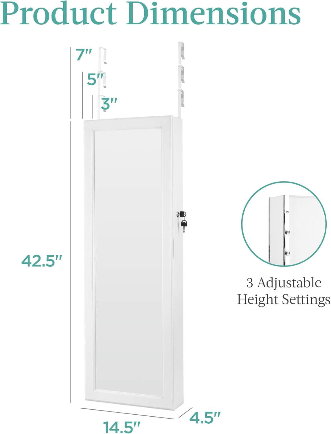 Dimensions of White Led Mirror Jewelry Cabinet With Lock And Drawers, featuring adjustable height settings and sleek design.