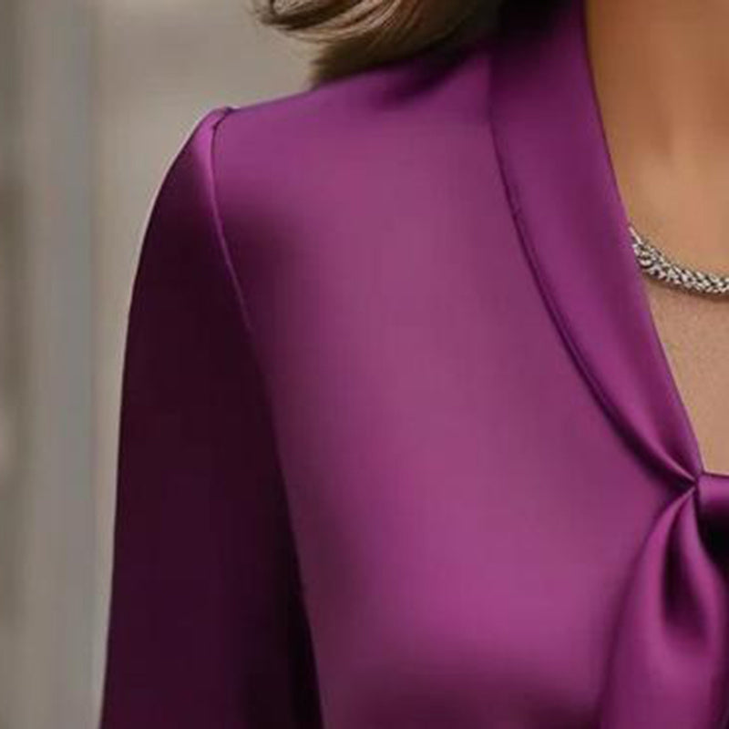 Elegant Satin Ribbon Blouse — Long Sleeve Button-Down Work Shirt in lustrous purple satin