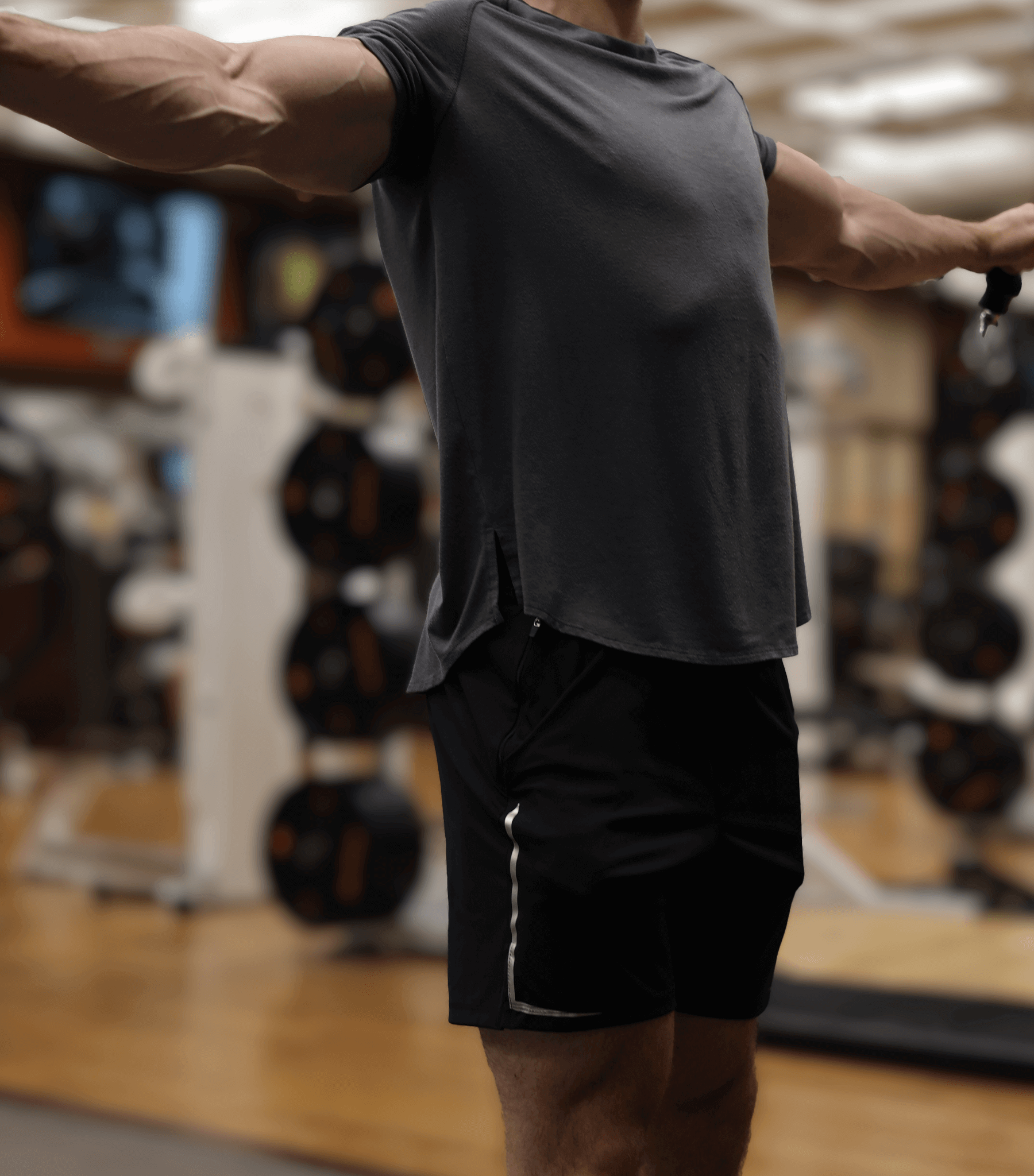  Athlete in gym wearing Dominate Training Shorts Black American made performance shorts