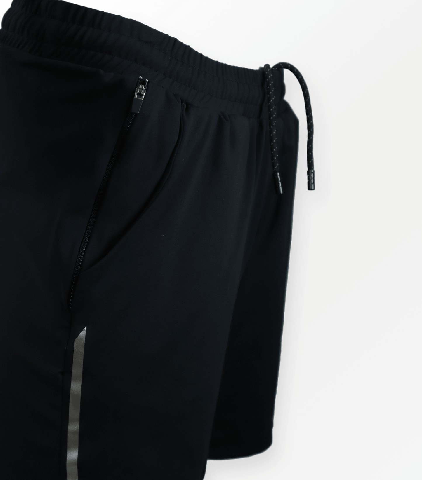 Dominate Training Shorts Black side view reflective detail and drawstring waistband