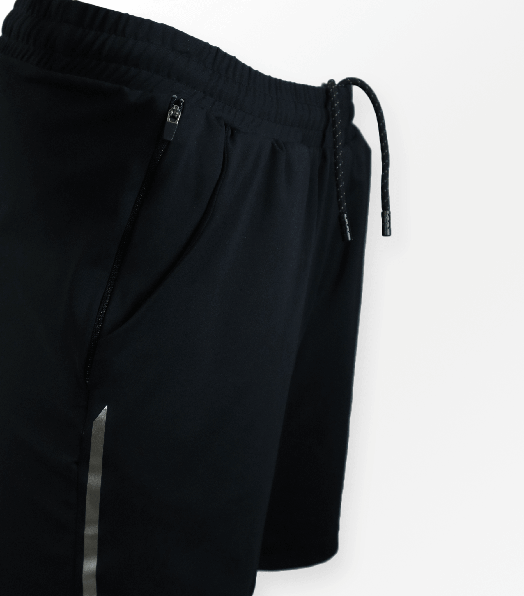 Dominate Training Shorts Black side view reflective detail and drawstring waistband