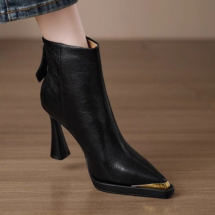Women’s Pointed-Toe Chunky-Heel Side-Zip Boots, black leather, sleek pointed toe, chunky heel, with side zipper for easy wear.