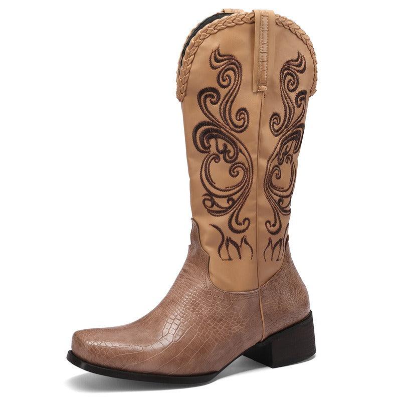 Rustic Western Braided Boots – Retro Cowboy Style with Snakeskin Detailing featuring intricate design and braided top