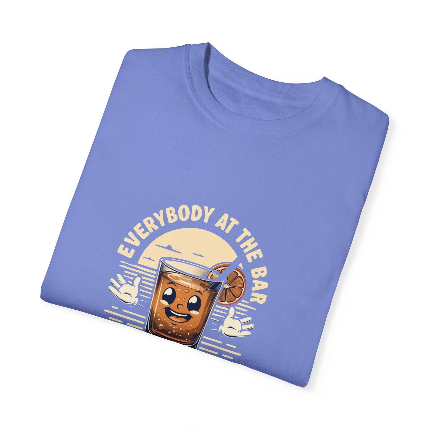 Everybody at the Bar Gettin Tipsy Unisex Garment-Dyed T-Shirt with whiskey graphic and playful text