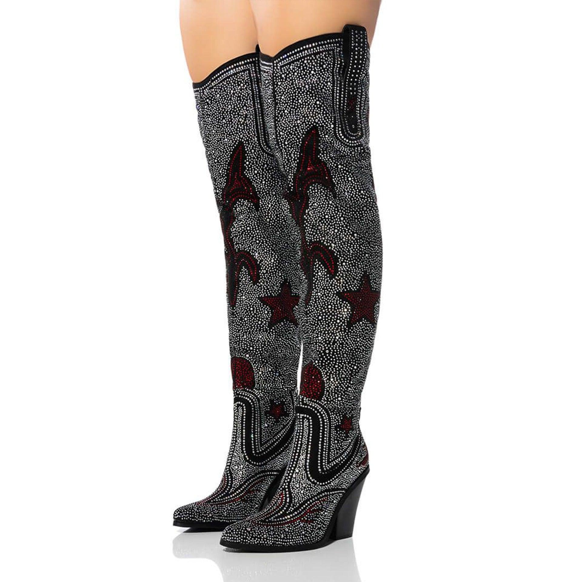 Crystal Luxe Rhinestone Boots with dazzling silver and red accents, knee-high style showcasing luxury women's footwear.