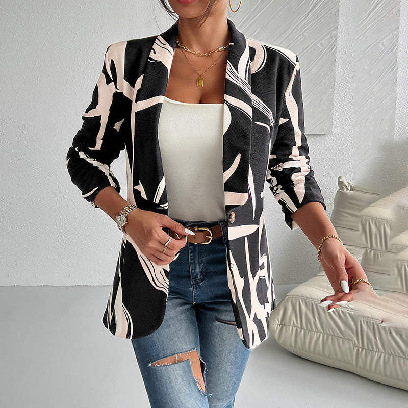 Women's Abstract Print Blazer Button Long Sleeve Work Jacket