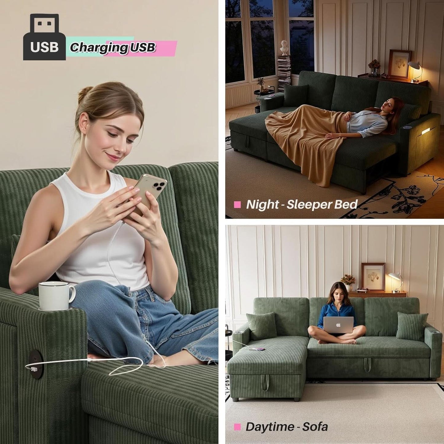 Luxurious Corduroy Green 83-Inch Sleeper Sectional Sofa