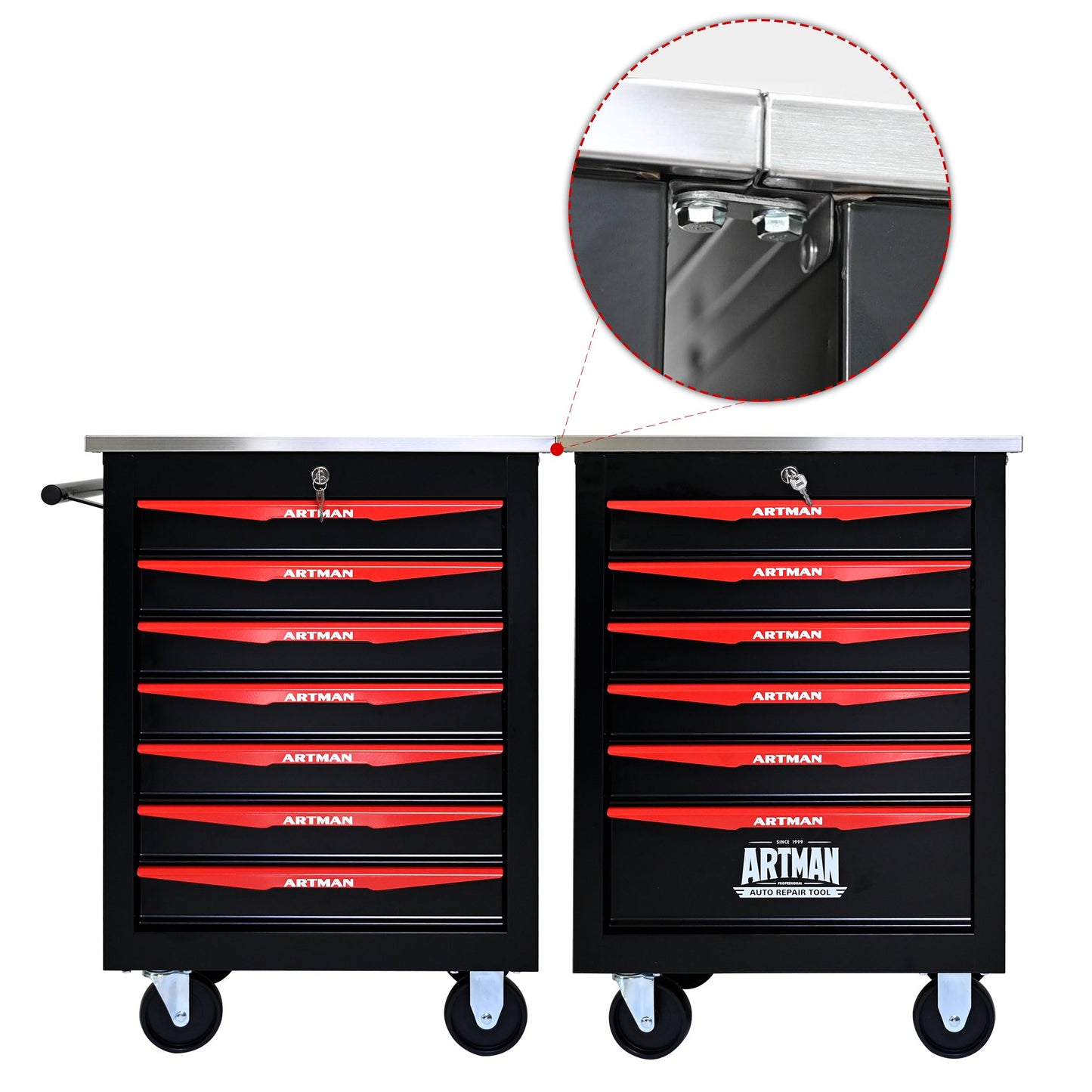 7-Drawer Multifunctional Tool Cart with Wheels, Metal Rolling Tool Cart Storage for Garage Workshop Warehouse Repair Shop - with Stainless Steel Roof - Black & Red