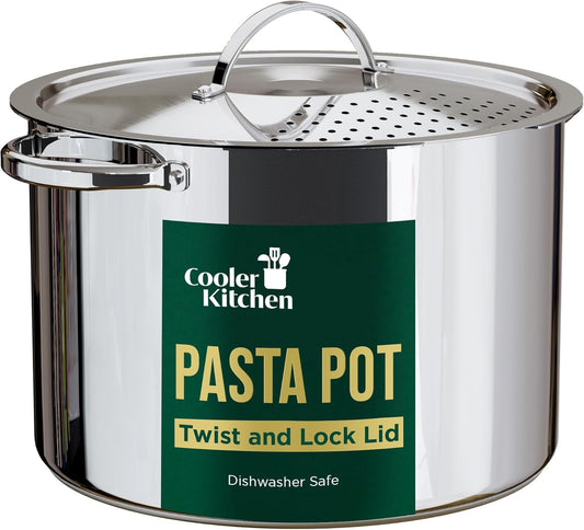 Stainless Steel Pasta Pot with Locking Strainer Lid - 5.5 Quart Large Capacity | Twist & Lock for Easy Drain & No Colander