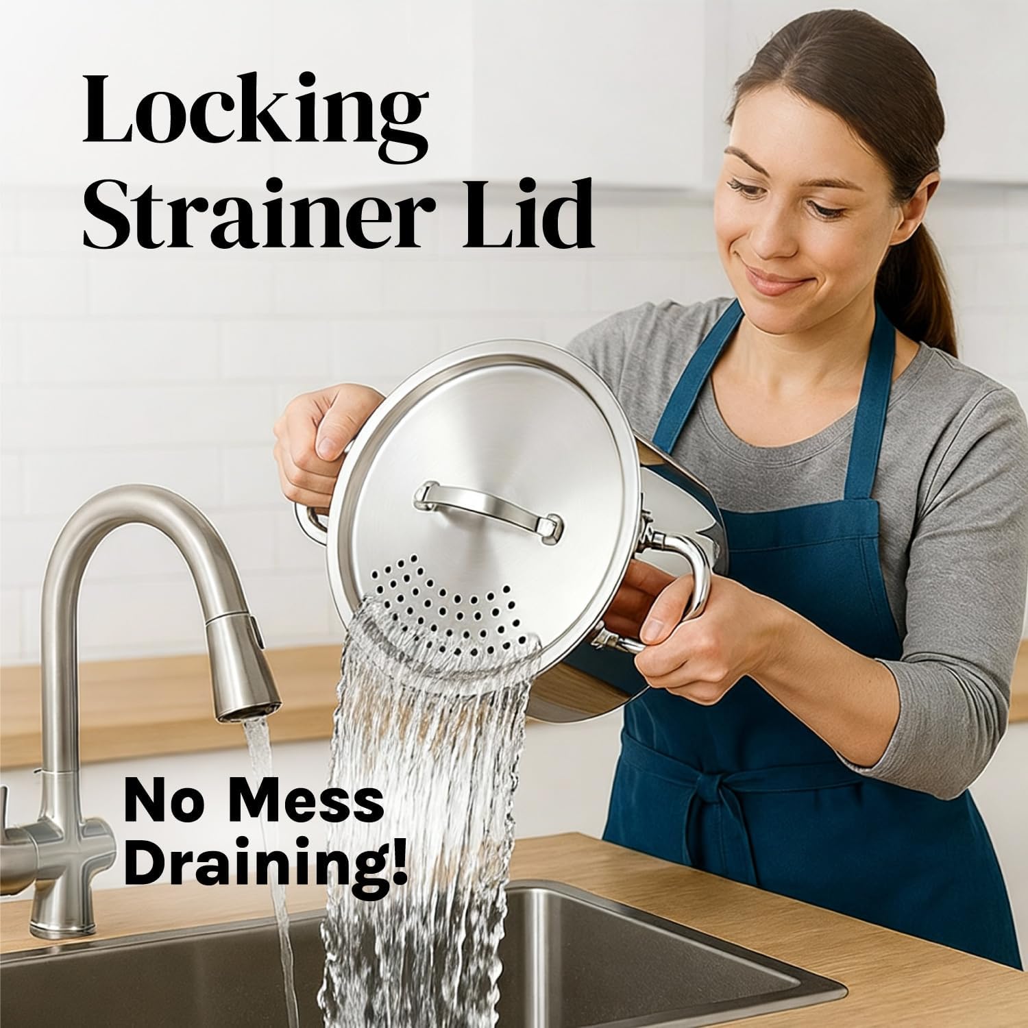 Woman using Stainless Steel Pasta Pot with Locking Strainer Lid - 5.5 Quart Large Capacity to drain water easily.