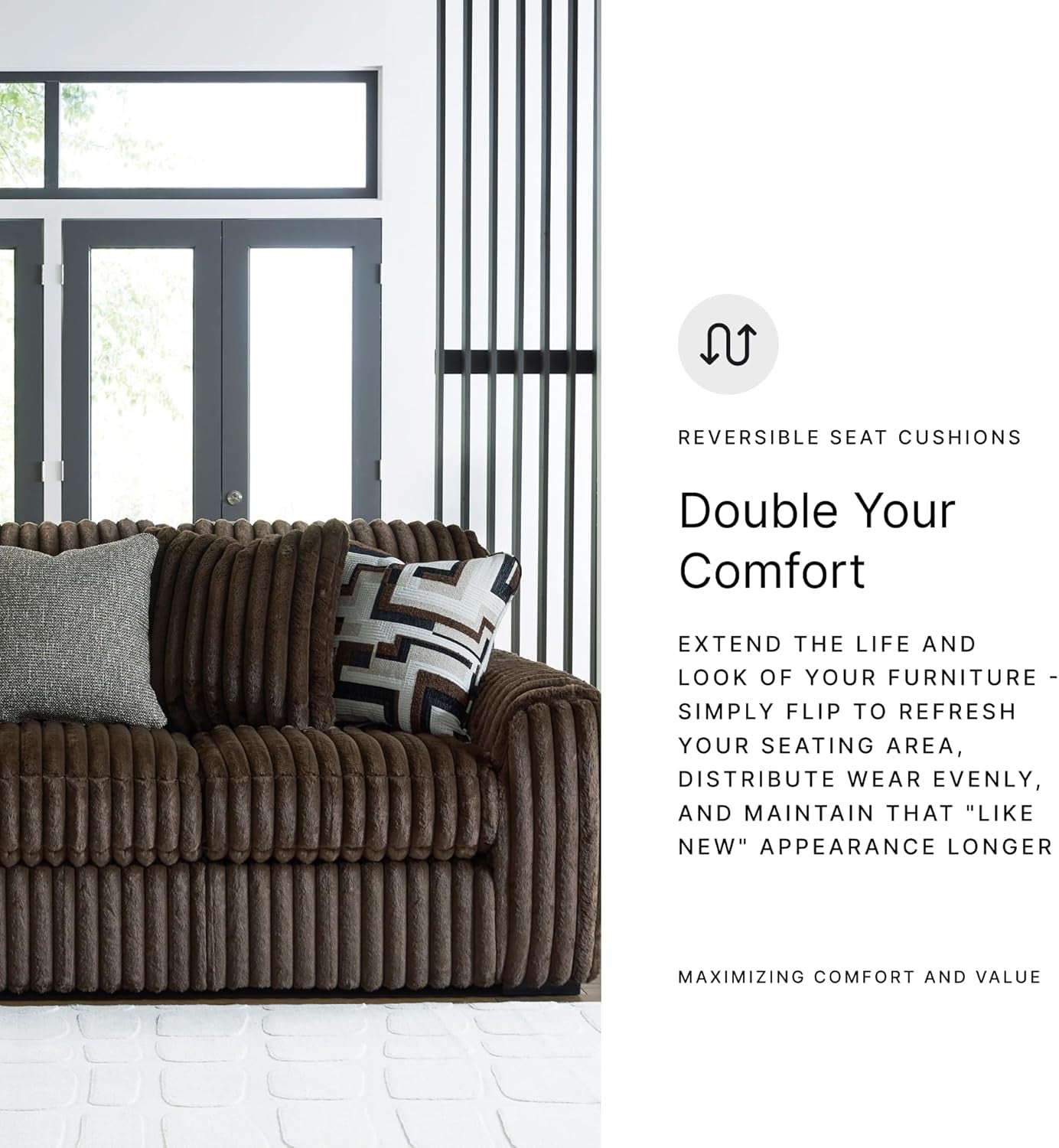 Brown sofa with reversible cushions, featuring decorative throw pillows, in a modern living room setting. Text highlights cushion versatility.
