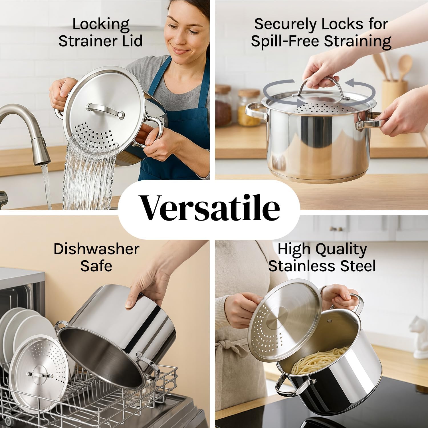 Stainless Steel Pasta Pot with Locking Strainer Lid - 5.5 Quart Large Capacity | Twist & Lock for Easy Drain & No Colander features