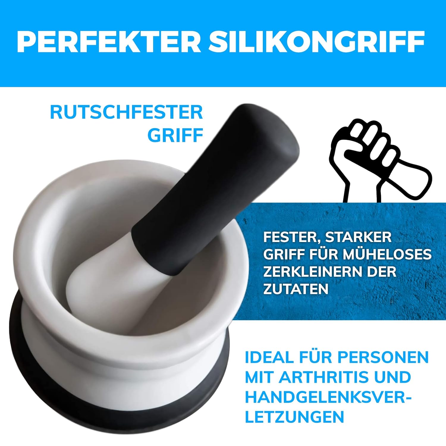 EZ-Grip Silicone & Porcelain Mortar and Pestle With Non-Slip Detachable Silicone Base - NEW DESIGN - Dishwasher Safe
