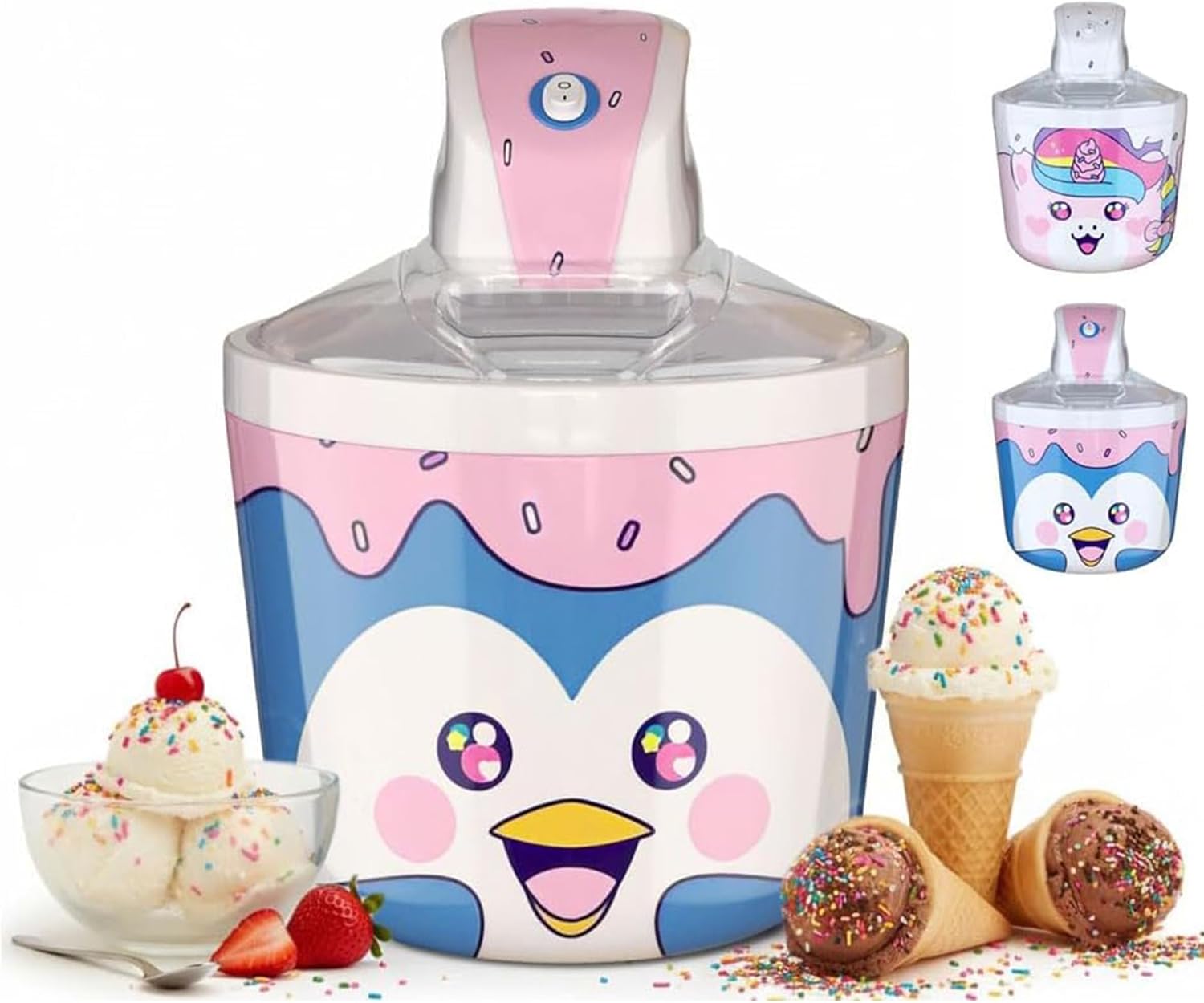 Ice Cream Maker Machine for Kids – 1.2 Quart Electric Ice Cream Makers with whimsical unicorn design next to ice cream cones and bowls.
