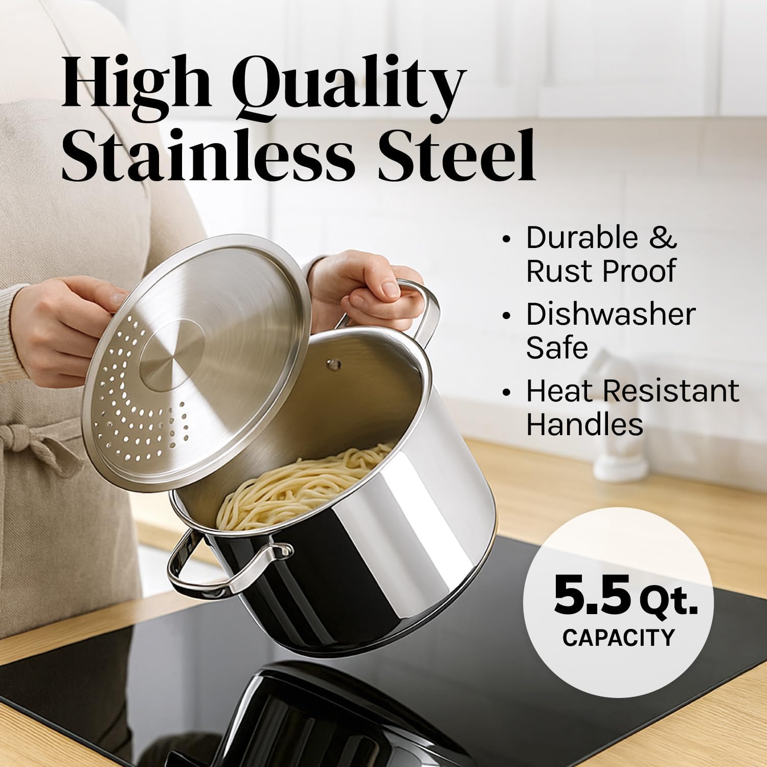 Stainless Steel Pasta Pot with Locking Strainer Lid - 5.5 Quart Large Capacity displayed on stove with lid open