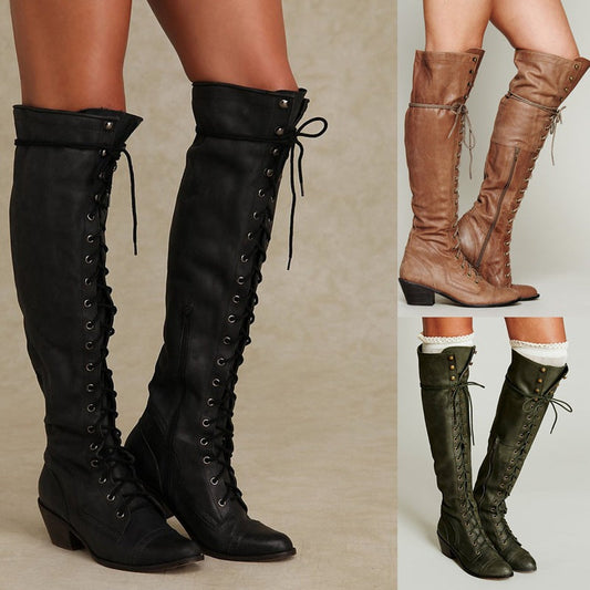 Women’s Over-the-Knee Boots – Round Toe Stylish Tall Winter Boots in black, brown, and green.