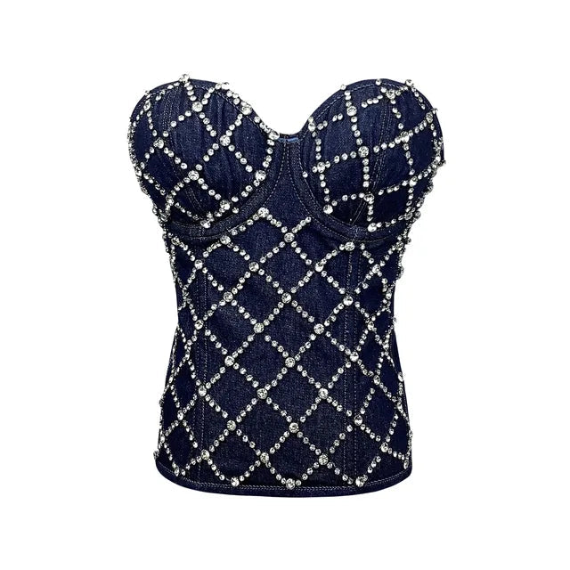 Rhinestone Cowgirl Denim Vest with sparkling rhinestone embellishments in diamond pattern, perfect for Western-inspired fashion statements.