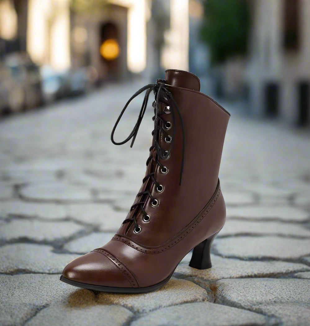 Women’s High Heel Martin Boots – British Style Motorcycle Fashion in brown leather with lace-up design on cobblestone street