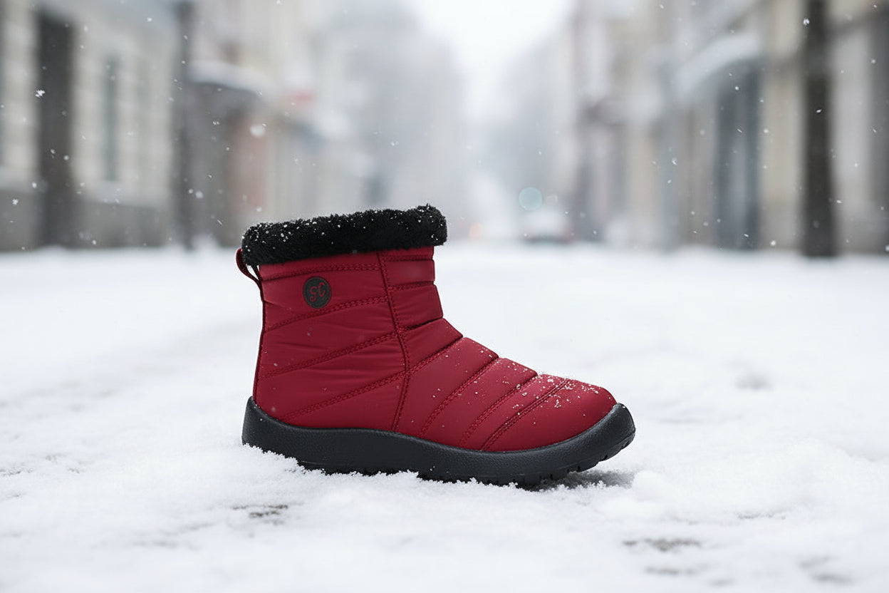 Women’s Thickened Cotton Snow Boots – Waterproof Warm Winter Boots in red, placed in a snowy landscape, showcasing winter durability.