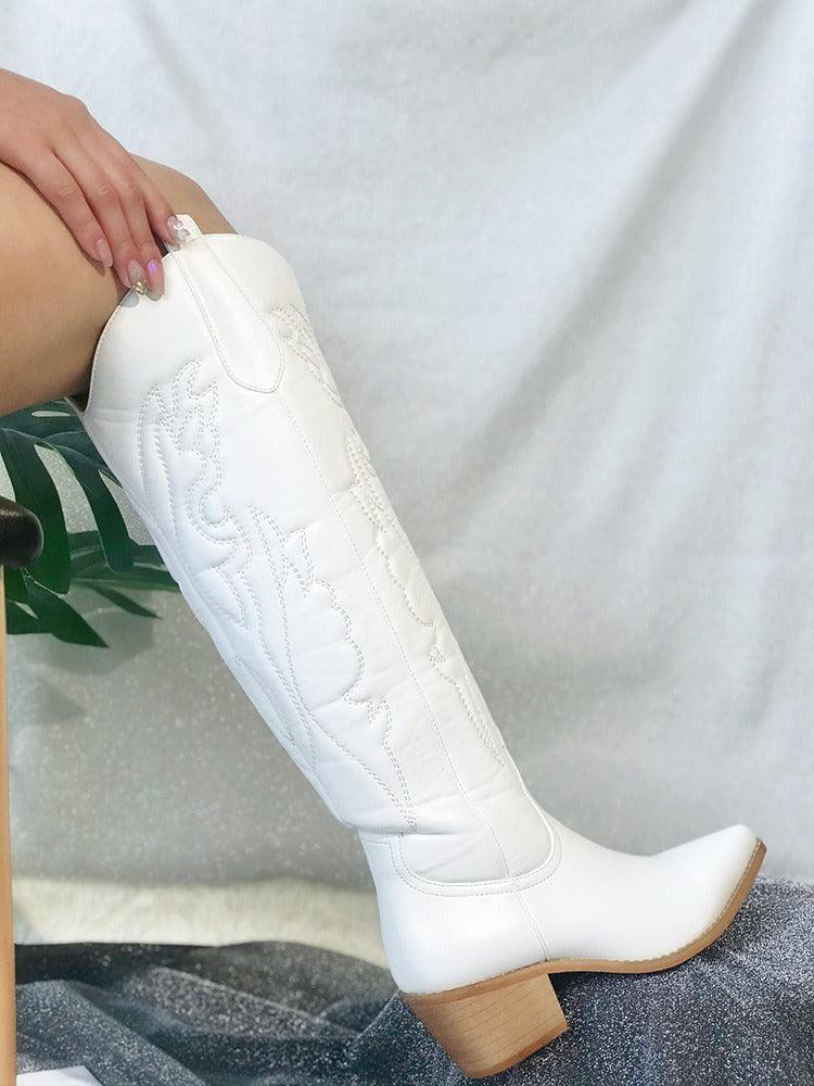 Western Chic Cowboy Boots | Stylish Chunky Heel Knee High Boots for Cowgirls in white with detailed stitching and a wooden heel.