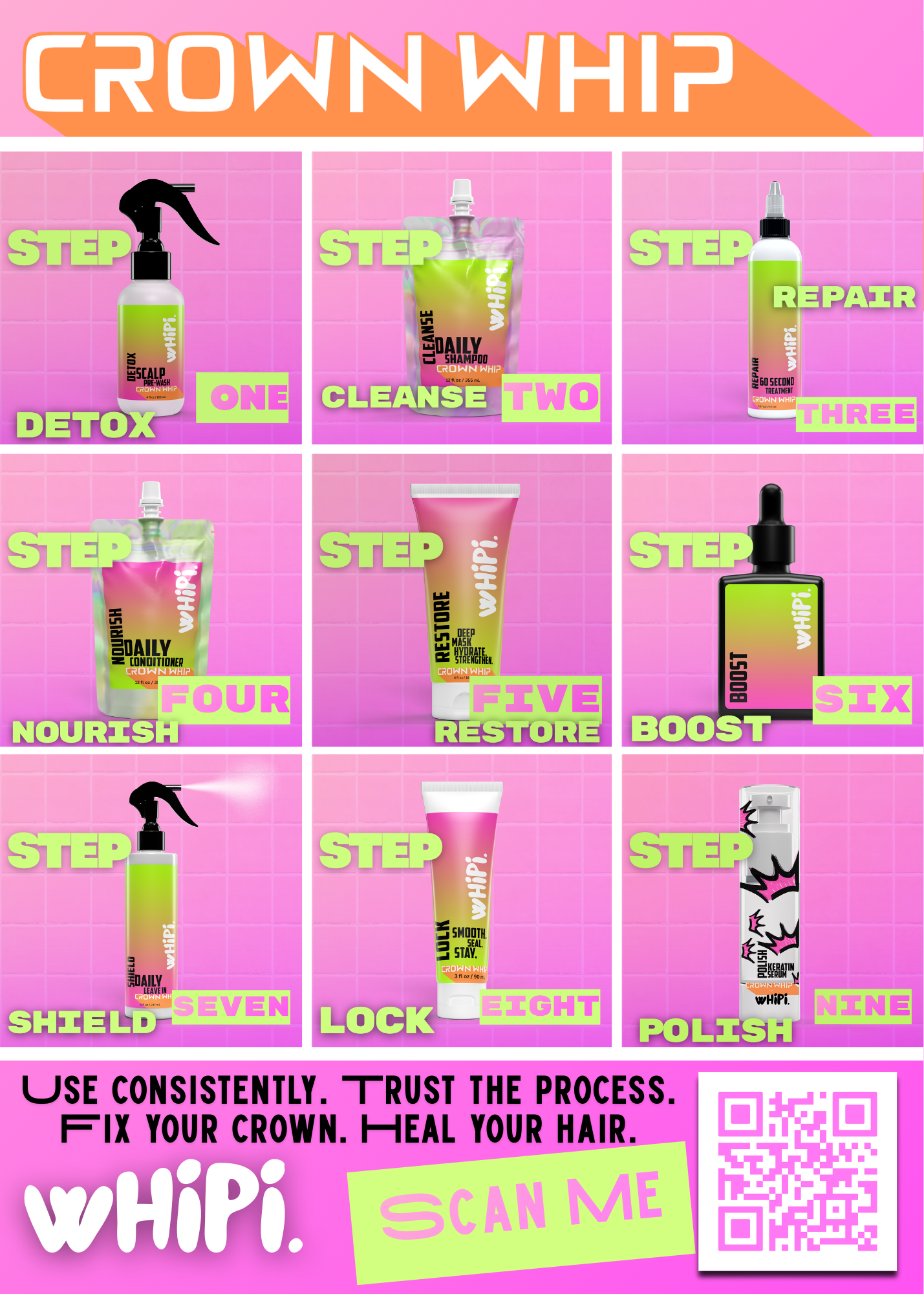 Cleanse – Crown Whip Daily Shampoo product lineup with detox, repair, nourish, and more steps for hair care.