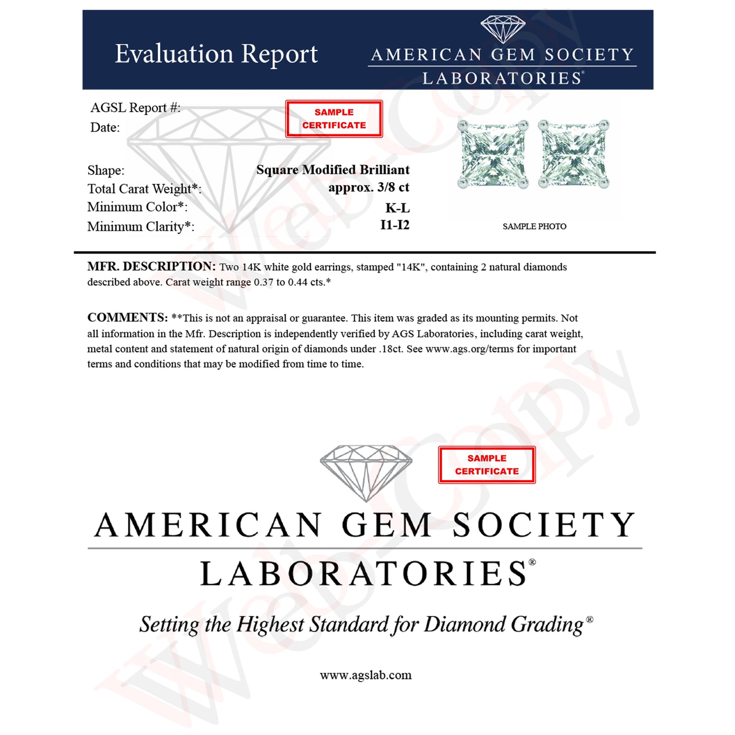 AGS Certified 2/5 Cttw Princess Cut Diamond 14K White Gold 4-Prong Solitaire Square Stud Earrings (L-M Color, I1-I2 Clarity)