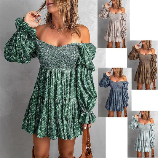 Flirty Puff Sleeve A-Line Dress | Spring & Summer Strapless Dress in various colors, showcasing playful puff sleeves and flowy mid-length skirt.