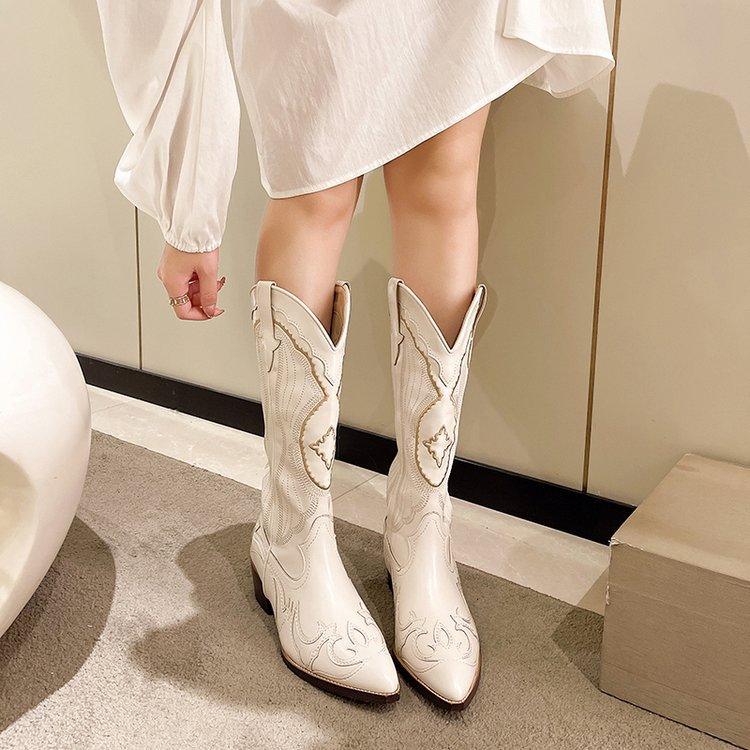 Autumn Moon Cowgirl Boots in light beige with stitched embellishments, mid-calf length, crafted from simulated leather for fall style.