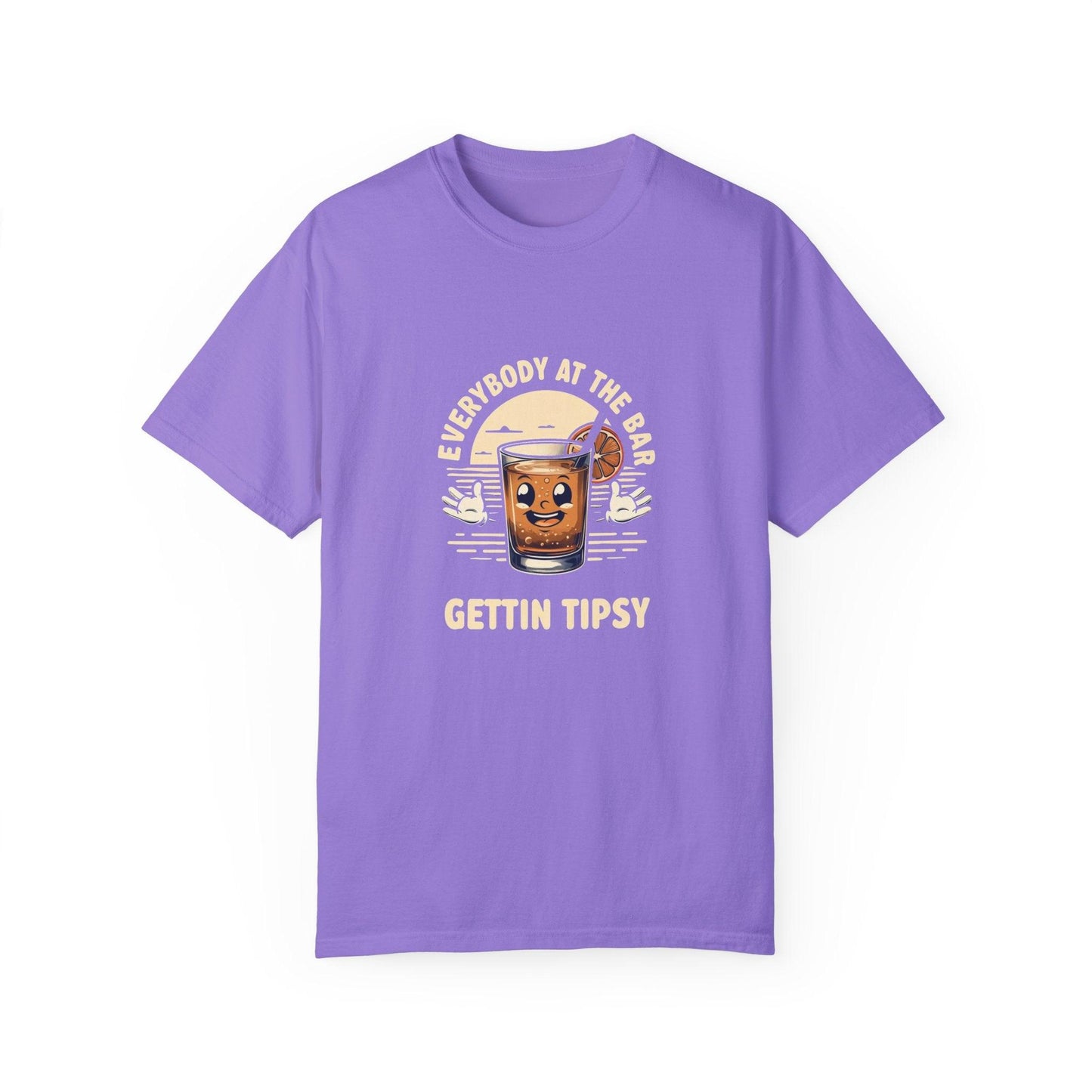 Everybody at the Bar Gettin Tipsy Unisex Garment-Dyed T-Shirt in purple with whiskey glass graphic and playful text.