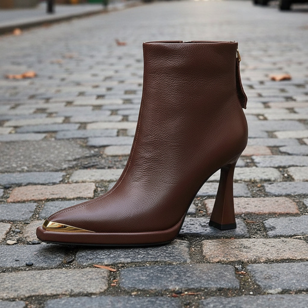 Women’s Pointed-Toe Chunky-Heel Side-Zip Boots in brown leather on cobblestone street, showcasing modern style and comfort.