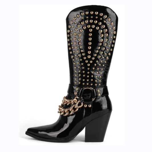 Knight Studded Cowboy Boots | Punk Rock Style with Rivets & Chains, high heel, gold chain detail, pointed toe