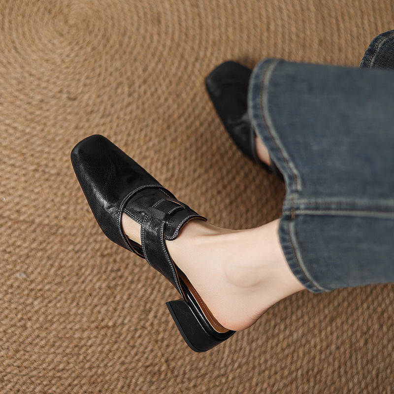 Women wearing Retro Closed Toe Half Slippers | Women’s Low Heel Summer Sandals with black leather and open-back design