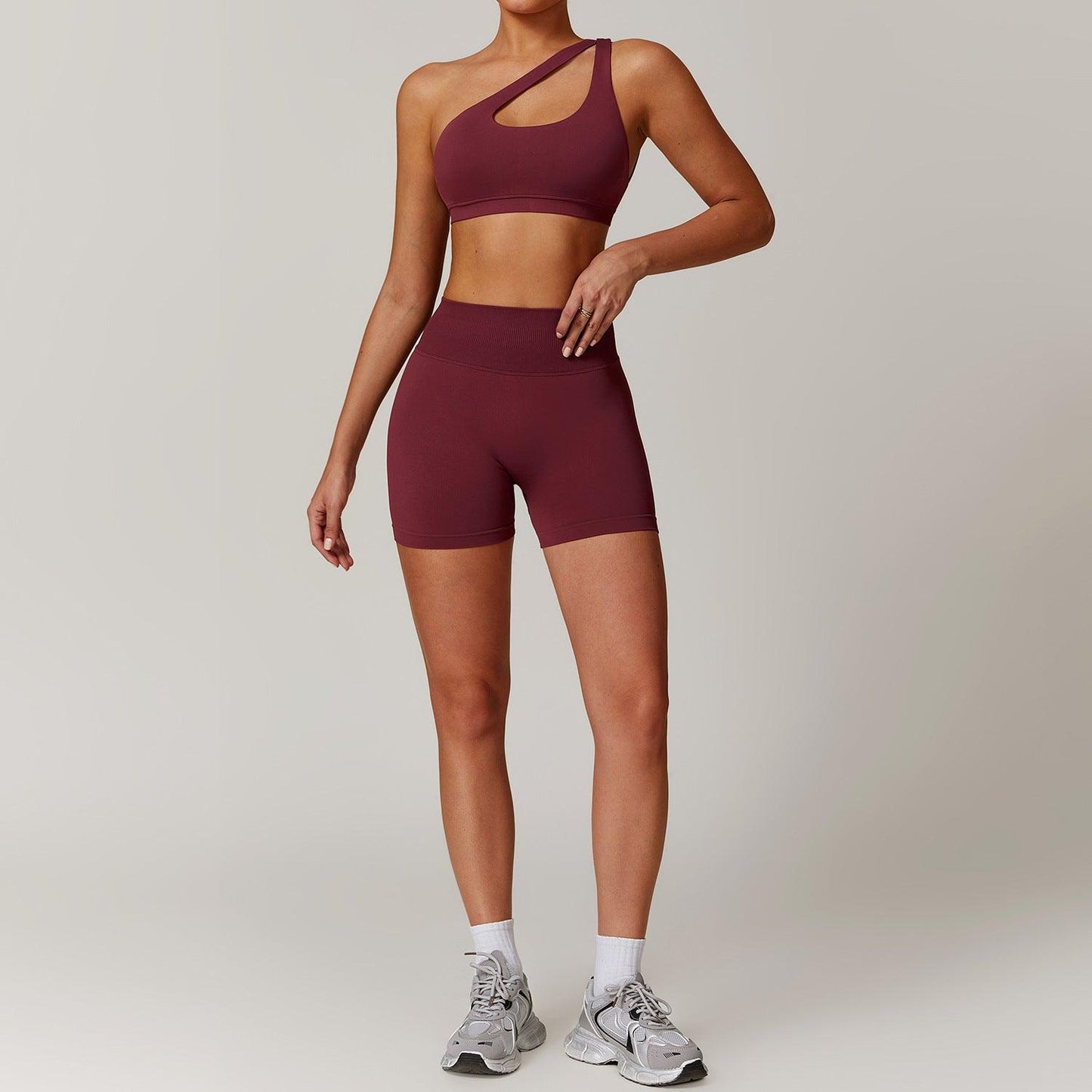 Slant Shoulder Bra + High-Waisted Shorts Yoga Set | Country Girl Fitness Outfit, featuring unique one-shoulder design in plum color