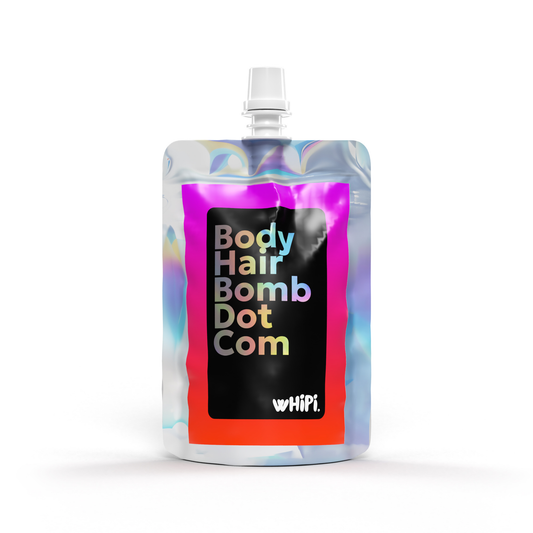 Body Hair Bomb Dot Com- Everything Cream in holographic packaging, multitasking whipped cream for body and hair care.