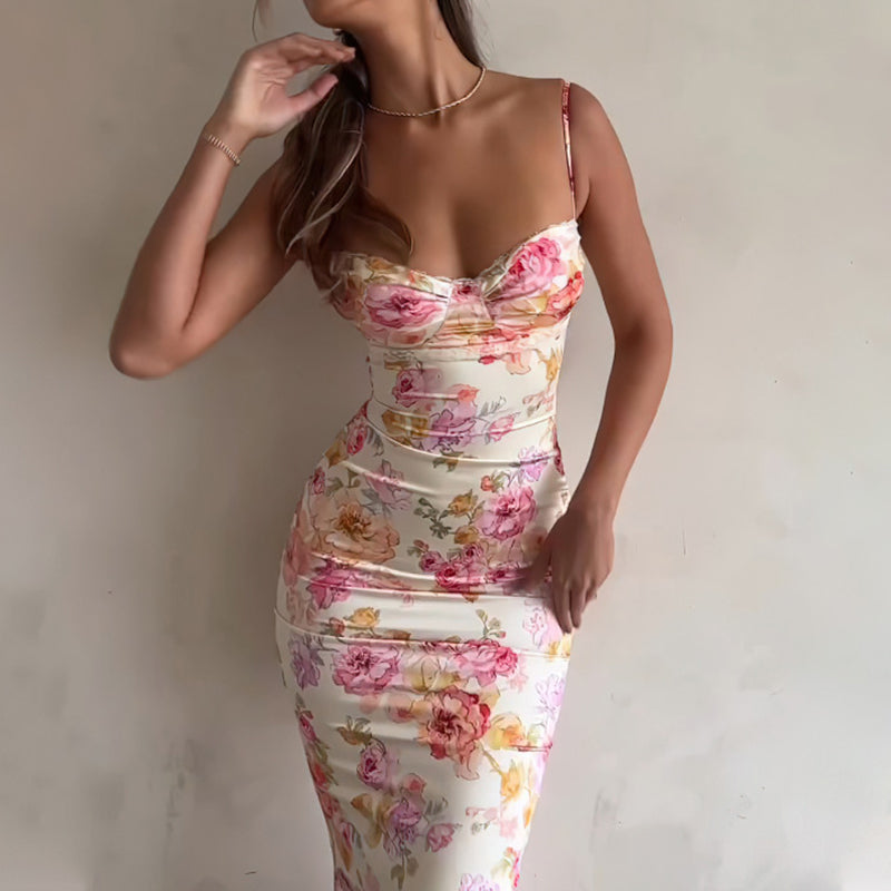 Women’s Floral Bodycon Maxi Dress – Sexy Spaghetti Strap Vacation & Summer Dress with vibrant floral print.