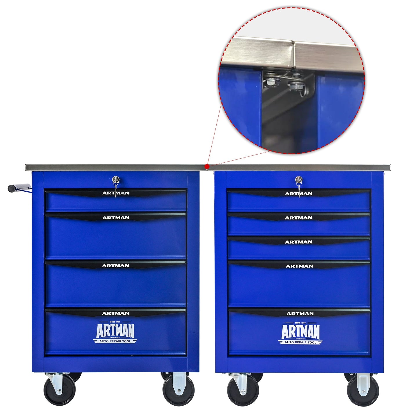 4 Drawers Multifunctional Tool Cart with Wheels,Metal Rolling Tool Cart Storage for Garage Workshop Warehouse Repair Shop--With  Stainless Steel Roof- BLACK&BLUE