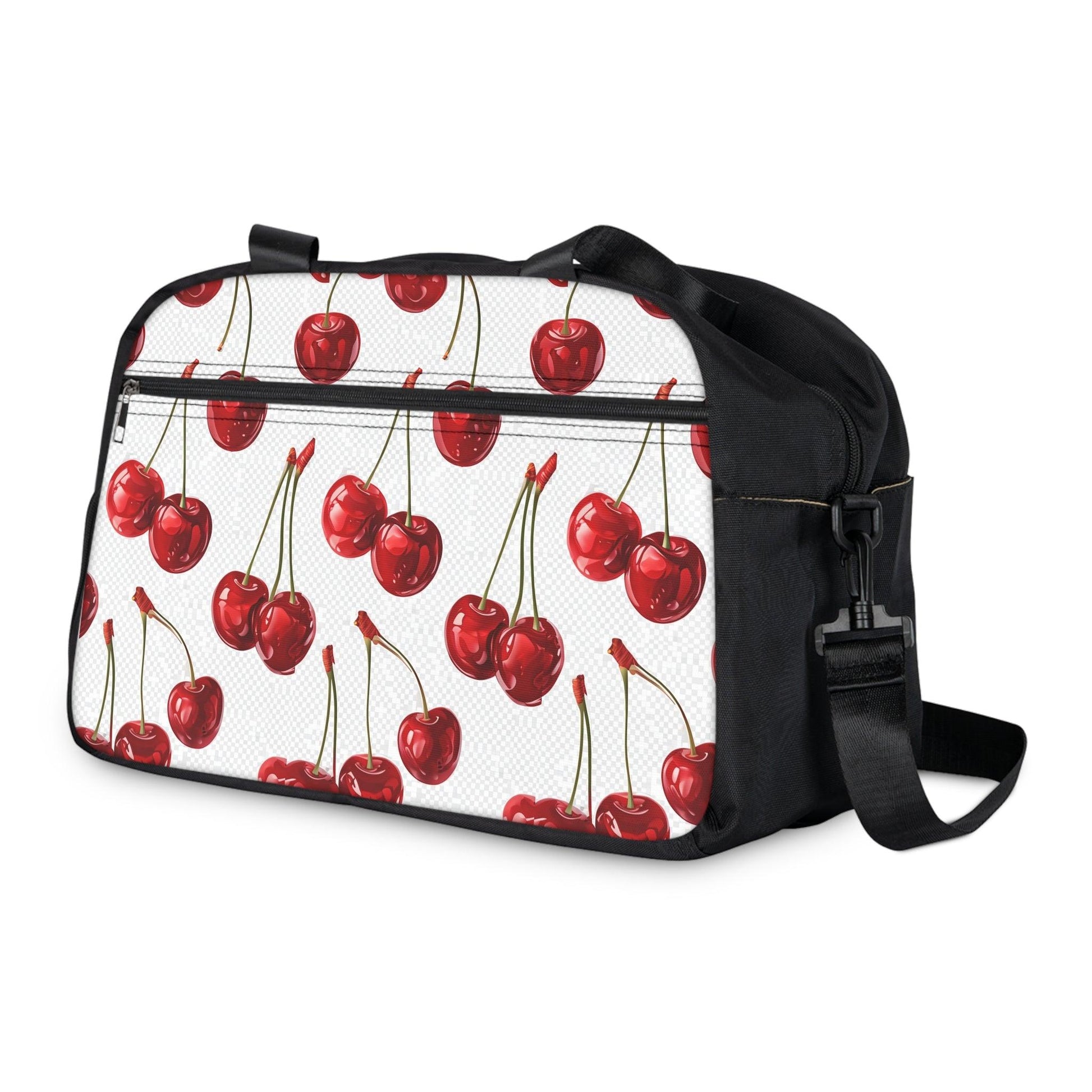 Sweet & Stylish Womens White Cherry Print Fitness Handbag with vibrant cherry design and black accents, perfect for gym or yoga.
