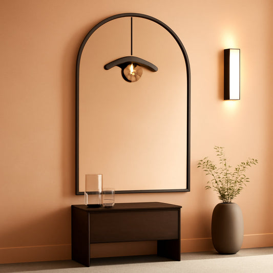 Arched Wall Mirror Black Metal Frame 24 By 36 Inches in a modern room with elegant decor