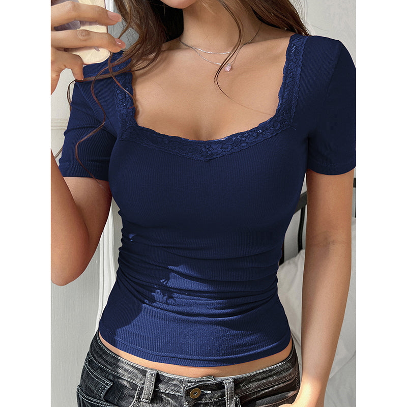 Women’s Y2K Lace Trim Slim Fit Tee – U-Neck Short Sleeve Top
