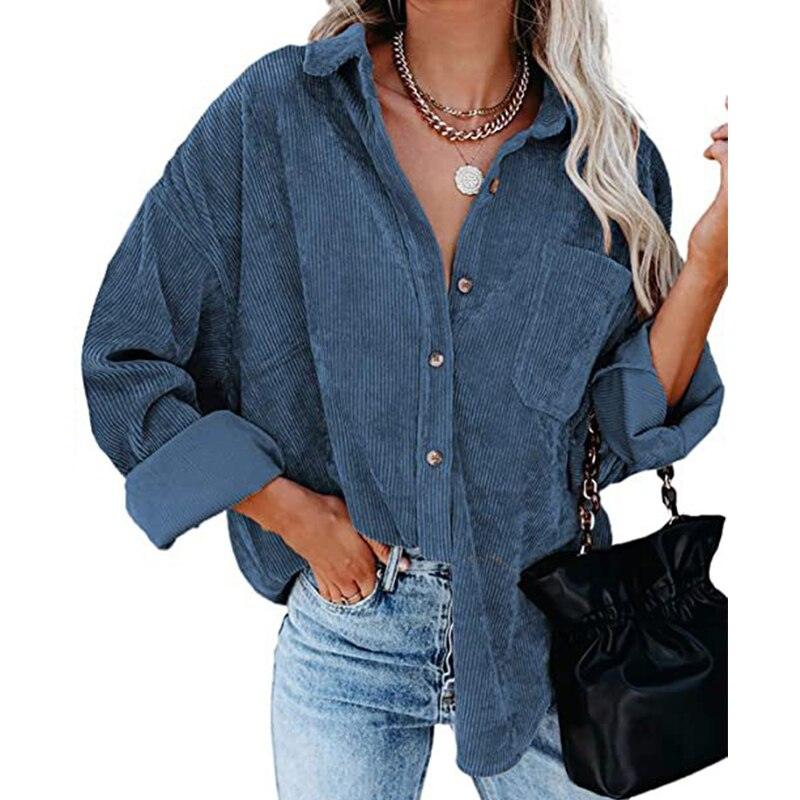 Corduroy Country Chic Shirt – Stylish Single-Breasted Cowgirl Shirt in blue, showcasing relaxed fit and casual style for everyday wear.