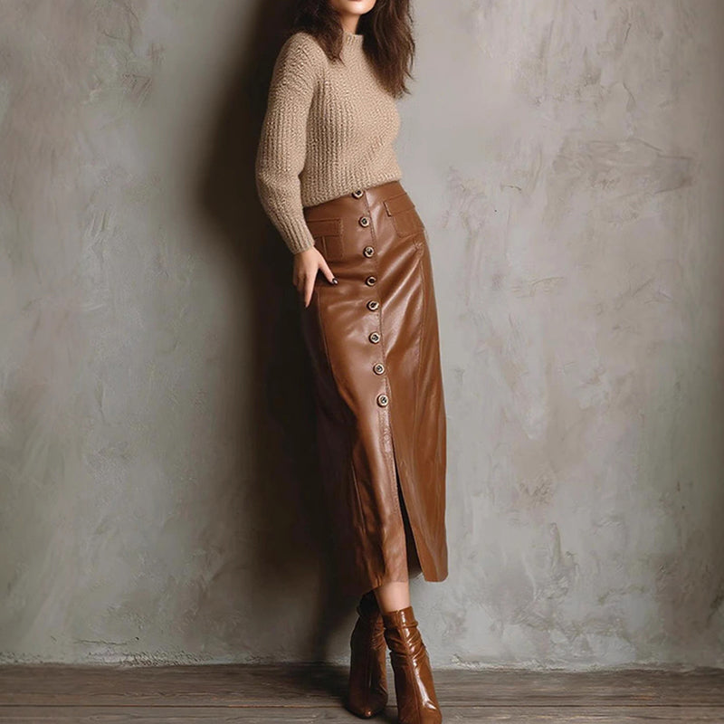 Women’s Faux Leather High-Waisted Bodycon Midi Skirt