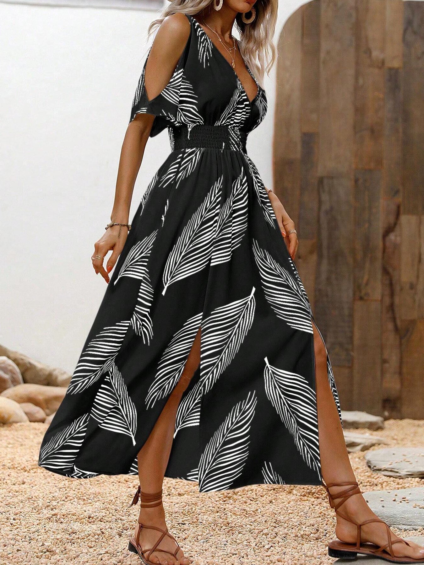 Women’s Off-Shoulder Cross V-Neck Maxi Dress