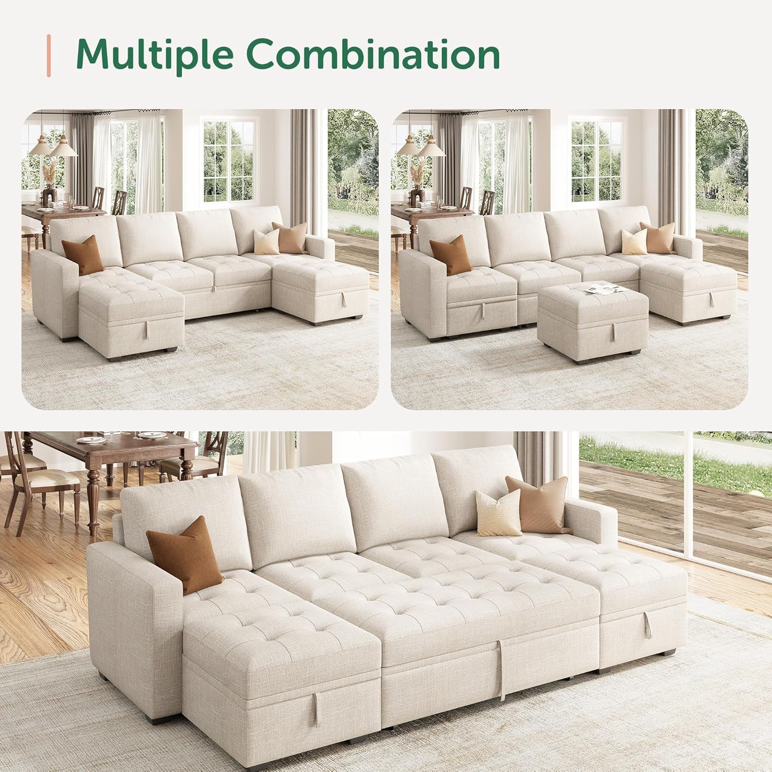 Beige Modular Sleeper Sectional Couch With Storage in various configurations for versatile home design.
