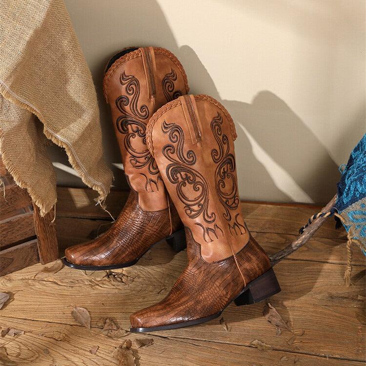 Rustic Western Braided Boots – Retro Cowboy Style with Snakeskin Detailing, featuring intricate stitching and braided top design.