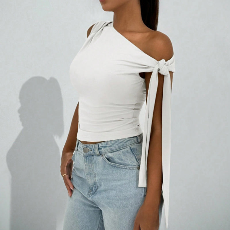 Women’s One-Shoulder Asymmetrical Tie Shoulder Top – Going Out & Party Shirt