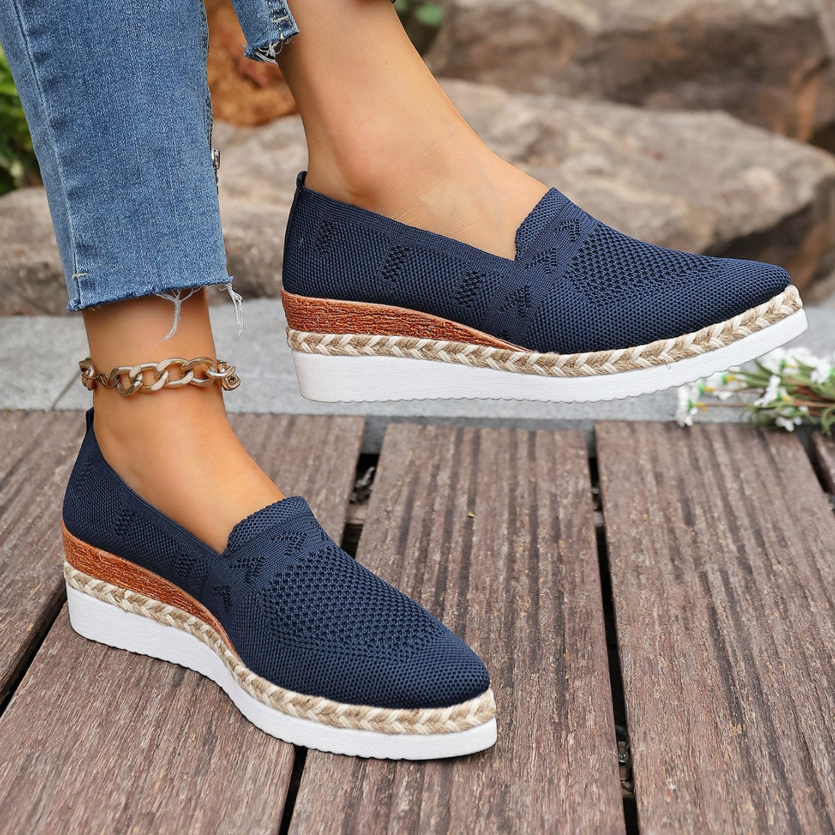 Women’s Woven Rope Platform Snakeskin Pointed-Toe Flats | Trendy Flats on wooden deck