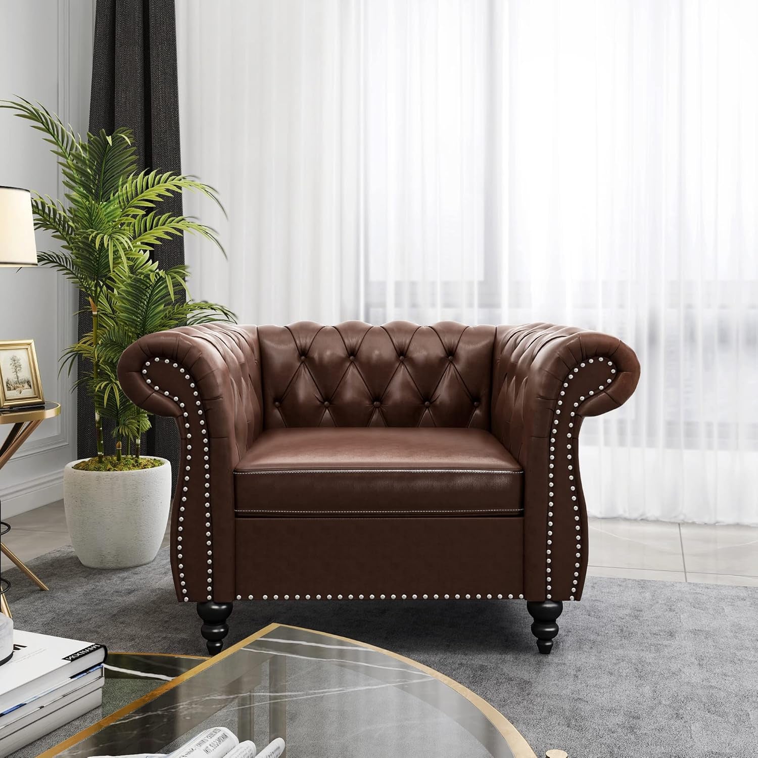 Elegant dark brown Chesterfield leather chair with scroll arms and nailhead, part of 3 Piece Chesterfield Leather Living Room Set Sofa Loveseat Chair Dark Brown with Scroll Arms and Nailhead.