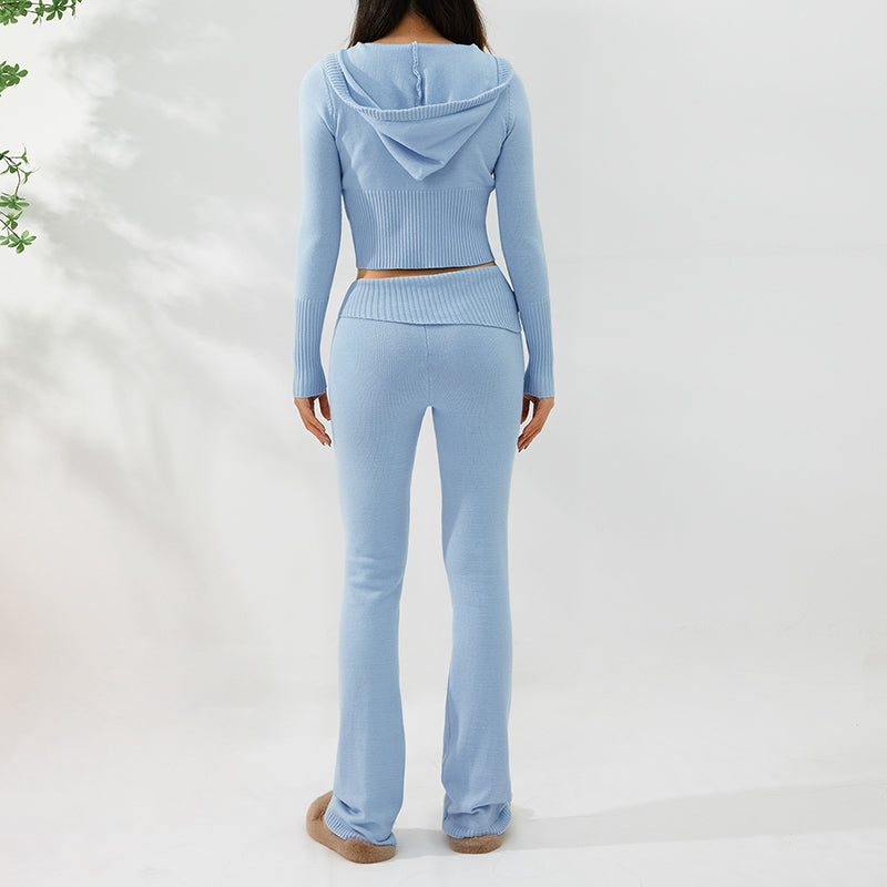Back view of model wearing blue Long Sleeve Sweater And High Waist Long Pants Set from Diversi Fashion
