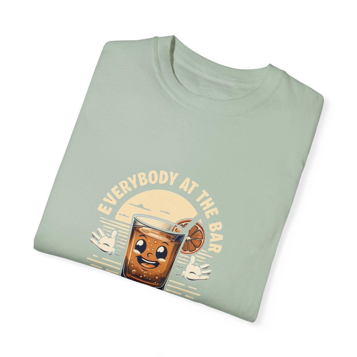 Everybody at the Bar Gettin Tipsy Unisex Garment-Dyed T-Shirt with whiskey glass graphic.